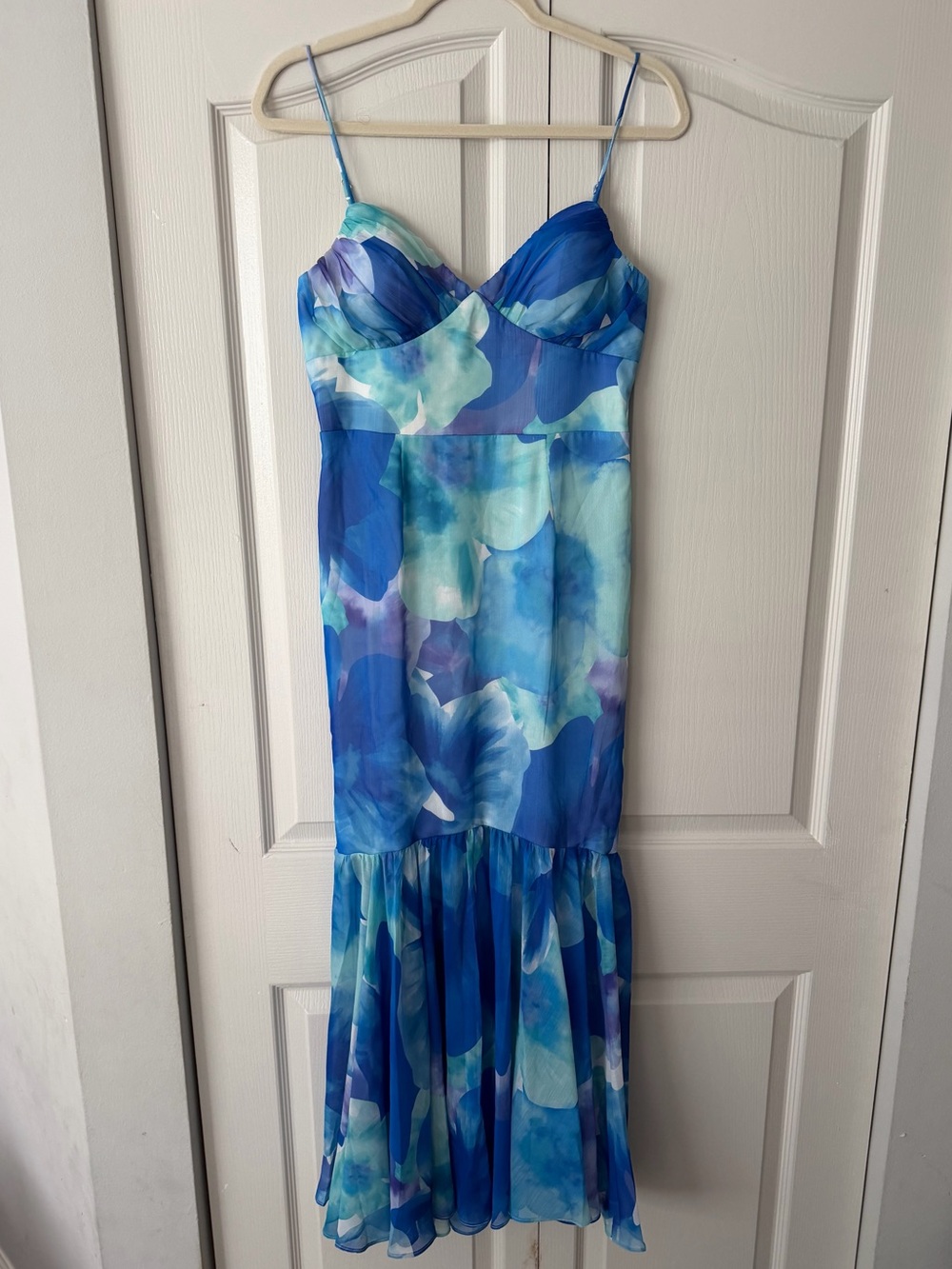 Blue Floral Strapless Maxi Dress with Spaghetti Straps